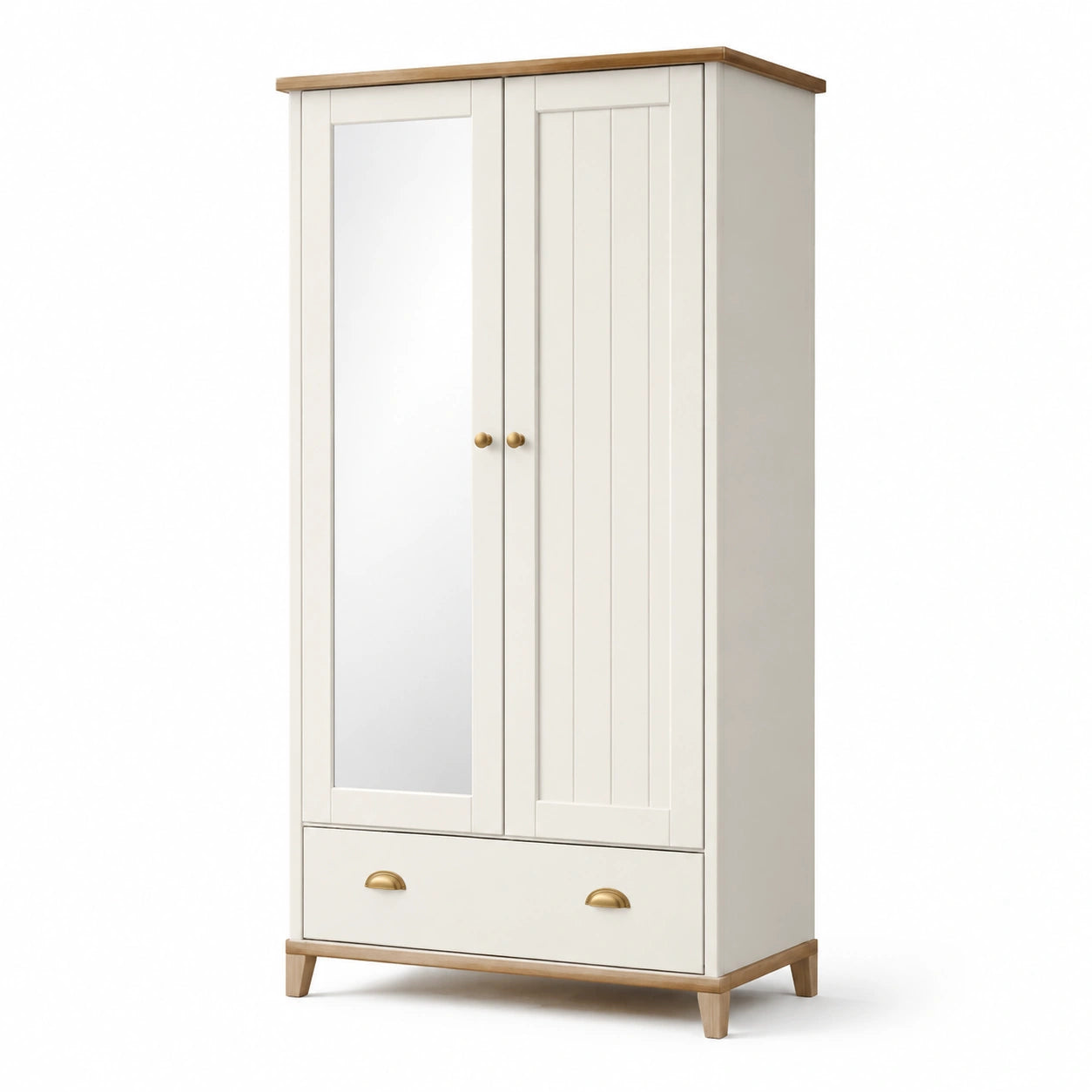 Armadio a due ante in legno e MDF bianco con specchio