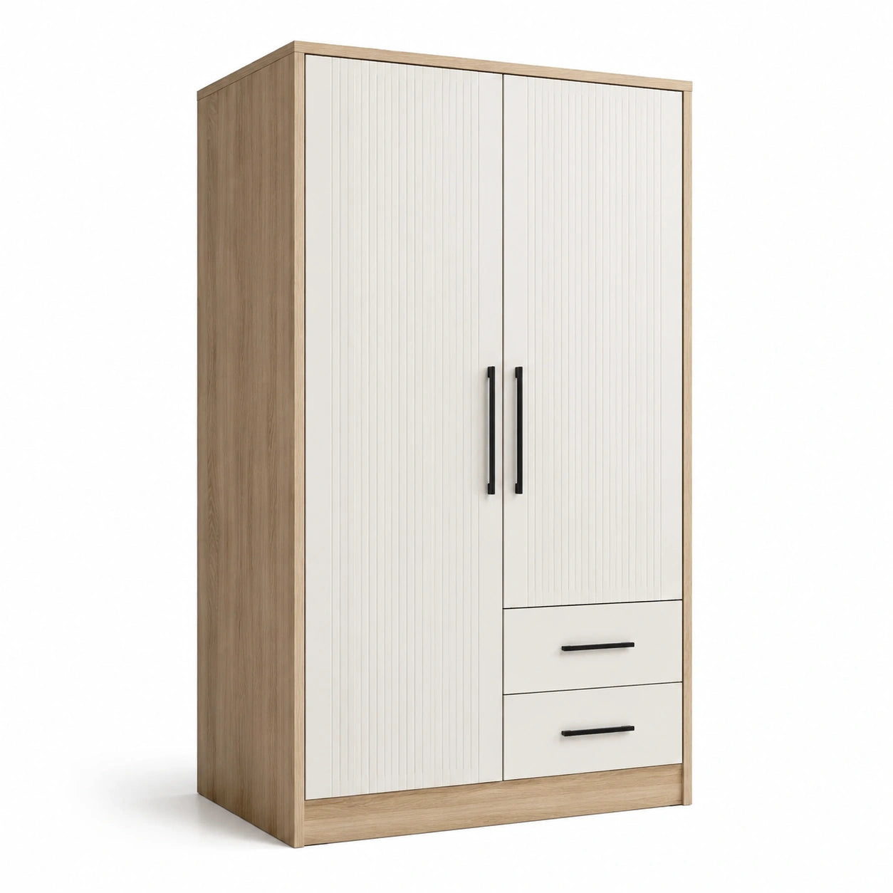 Armadio in Legno MDF Bianco e Rovere con 2 Cassetti