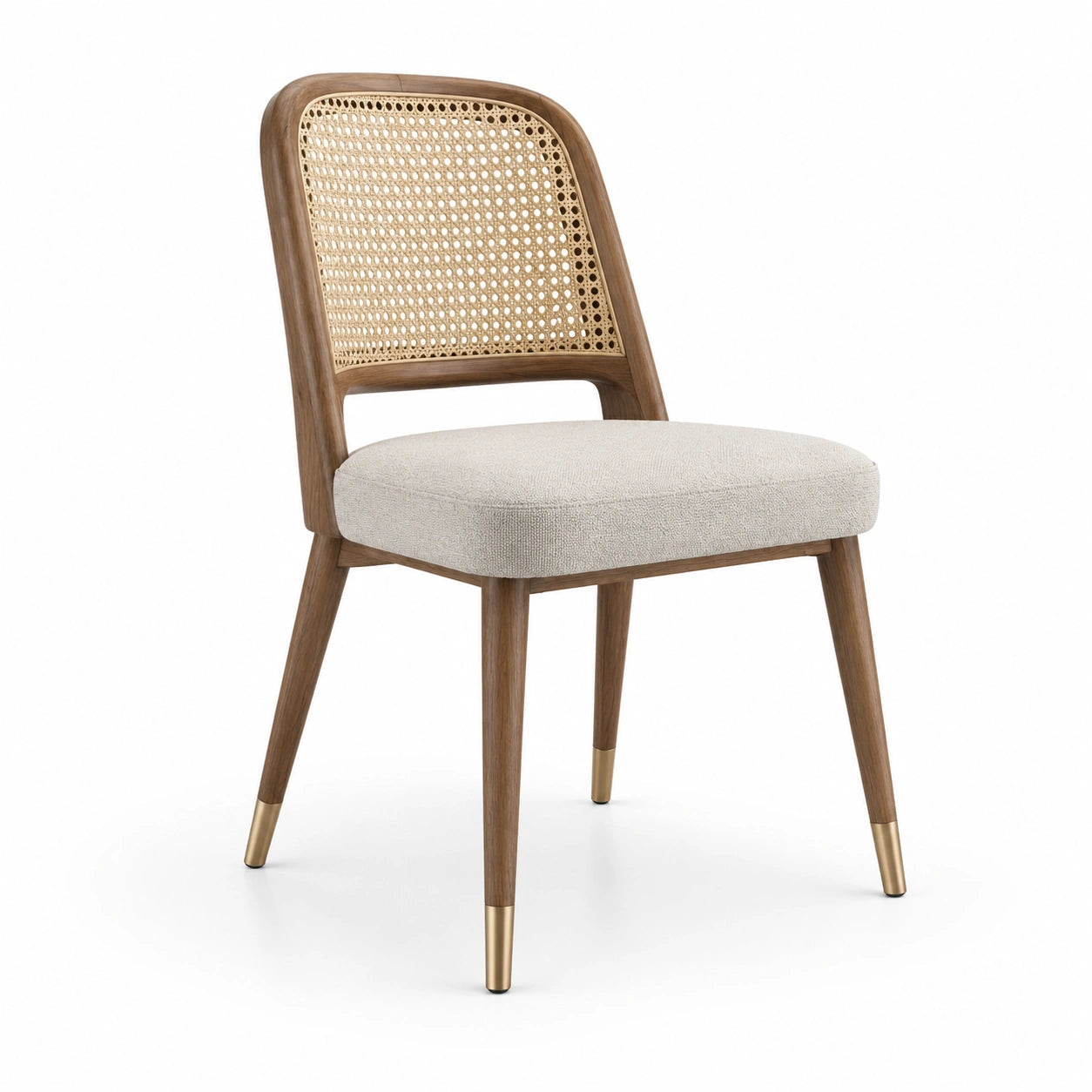 Sedia da pranzo in legno noce tessuto poliestere beige schienale rattan naturale