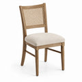 Sedia in legno con schienale in rattan e seduta in tessuto beige