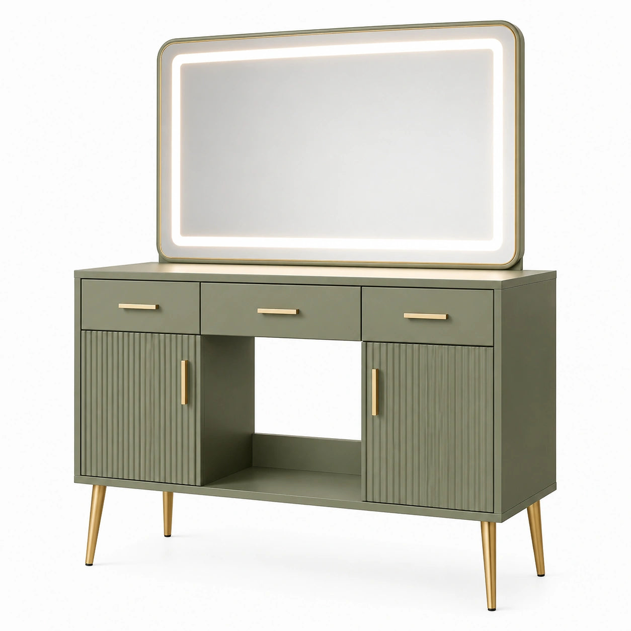 Tavolo da toeletta con specchio rettangolare illuminato a LED e cassetti in legno composito verde