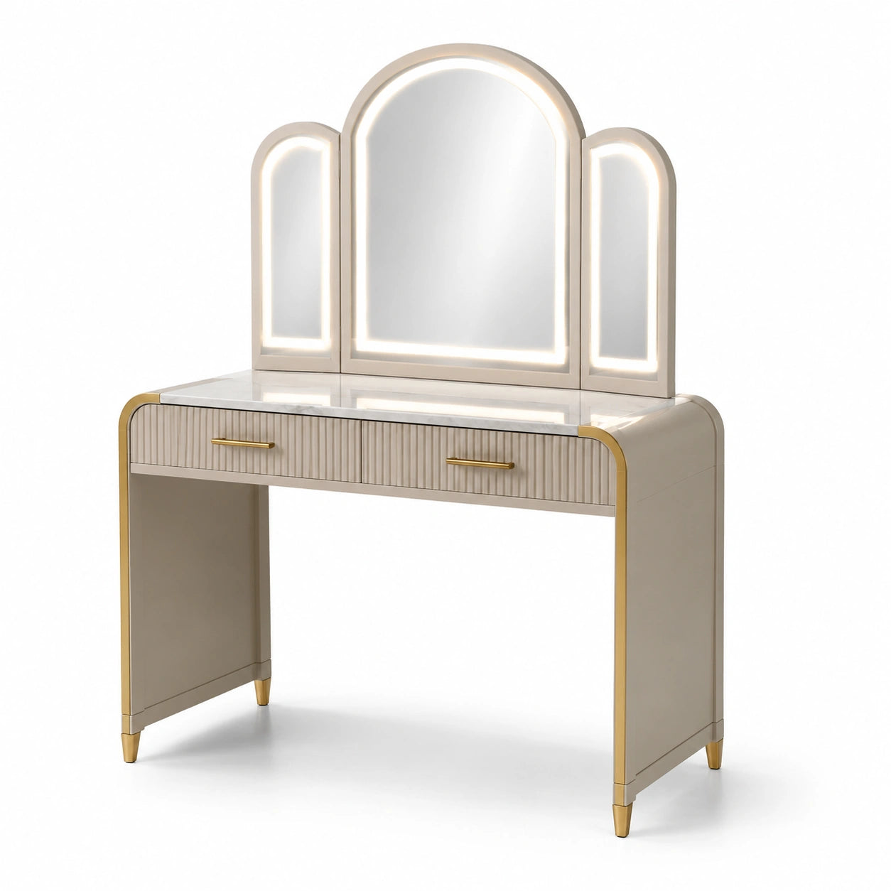 Tavolo da Toeletta con Specchio LED in Legno e Vetro Temperato Beige