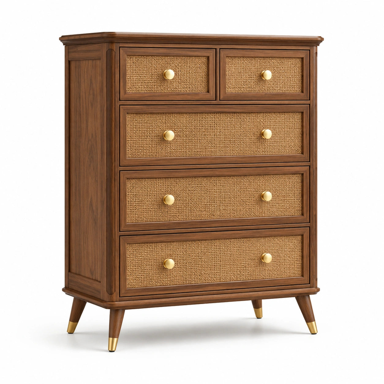 Cassettiera in legno e rattan a cinque cassetti