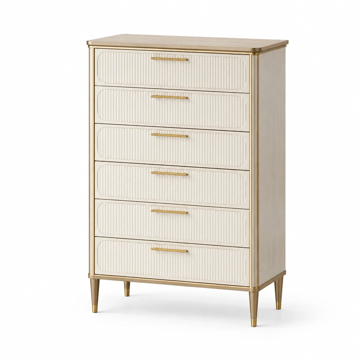 Cassettiera in legno crema con finiture dorate e 5 cassetti