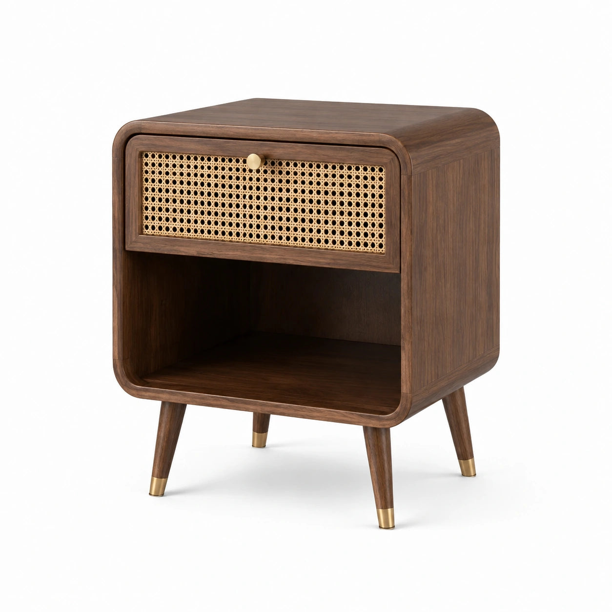 Comodino in legno con cassetto in paglia di Vienna