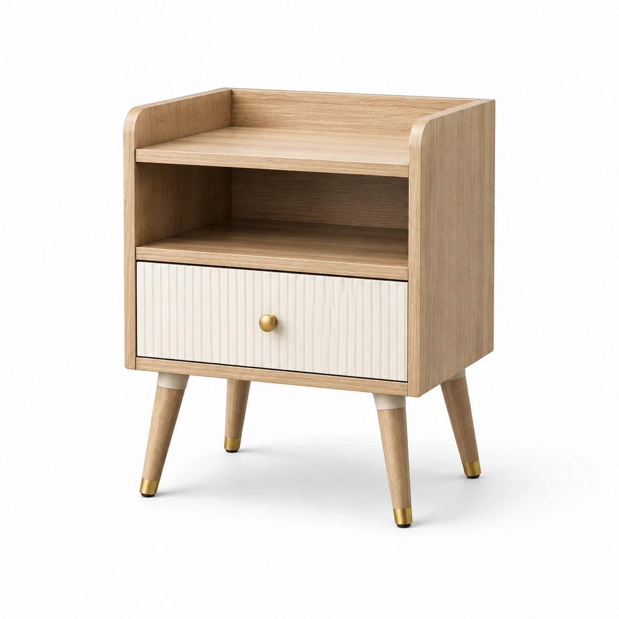Comodino in legno di quercia con cassetto MDF e maniglia ottone 60x40x30 cm