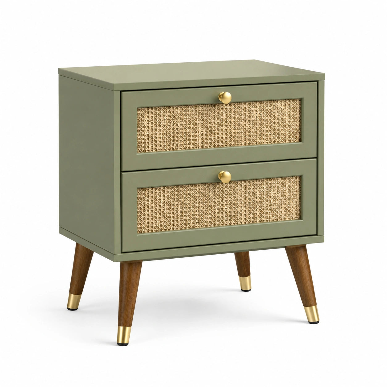 Comodino in legno con due cassetti rattan verde