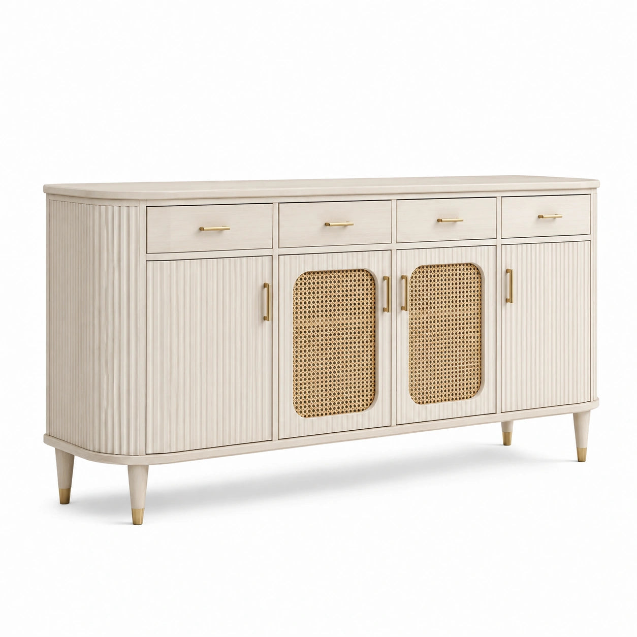 Credenza in legno con ante in rattan e maniglie in metallo 150x45x90 cm
