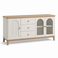 Credenza in legno con ante in vetro temperato e cassetti bianchi