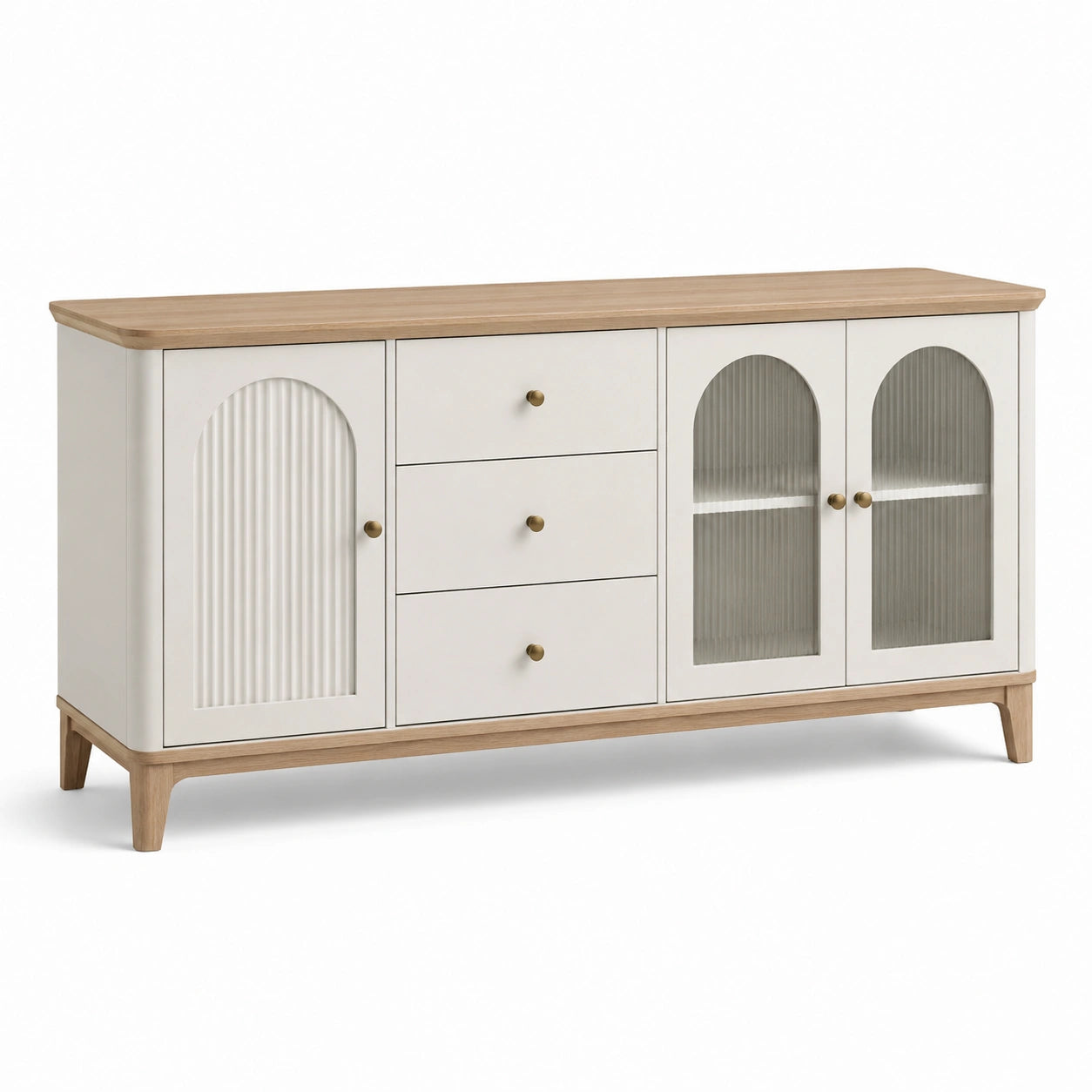 Credenza in legno con ante in vetro temperato e cassetti bianchi