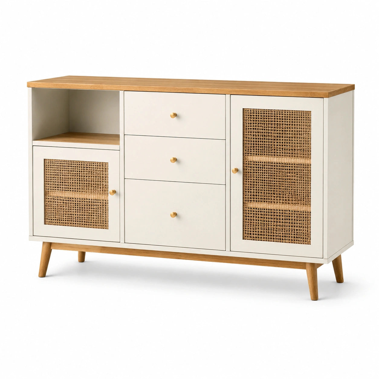 Credenza in Legno e Rattan Bianco e Naturale