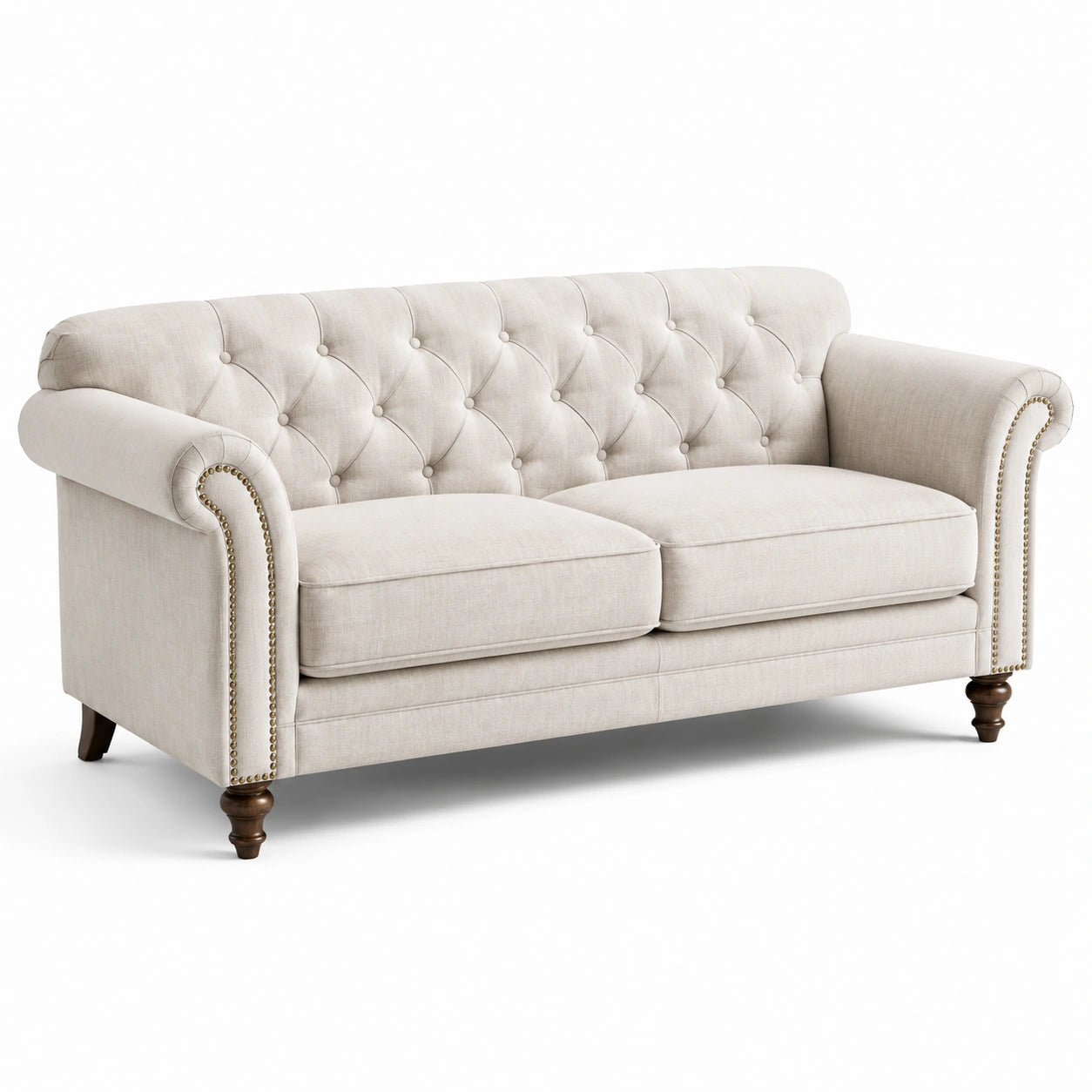 Divano a 2 posti in tessuto beige con gambe in legno