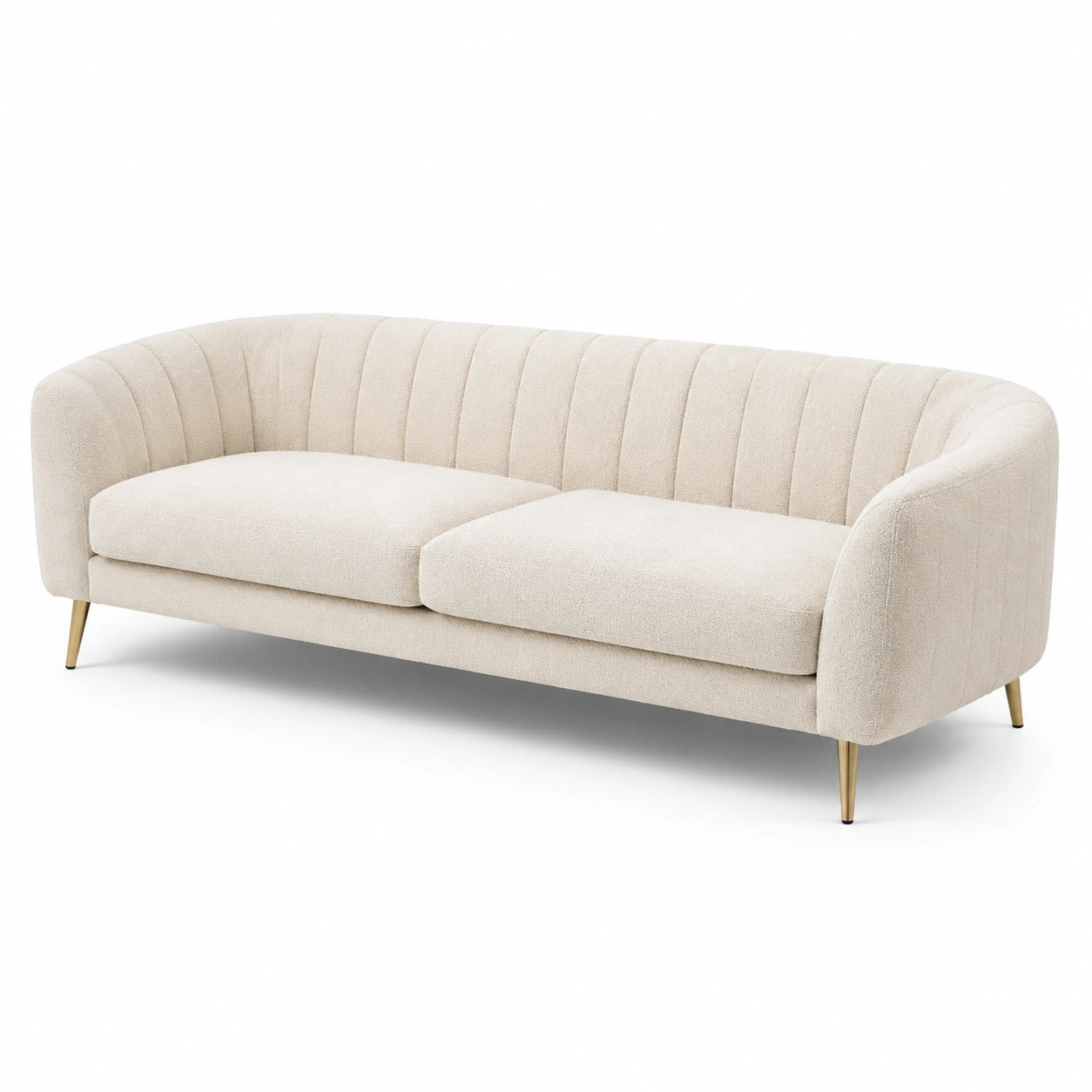 Divano tre posti in tessuto bouclé beige con gambe in metallo dorato