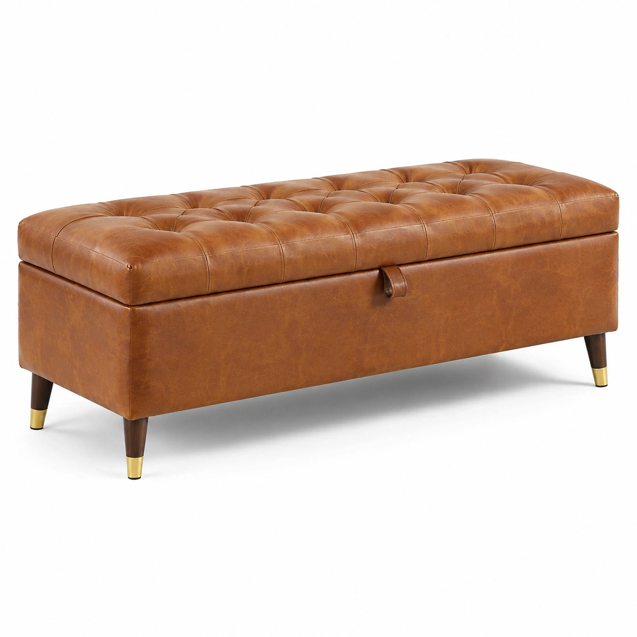 Panca contenitore in finta pelle marrone con gambe in legno