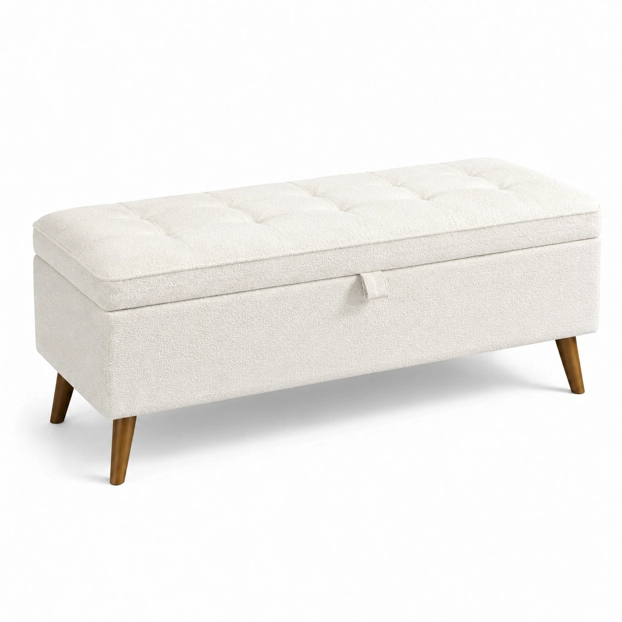 Panca contenitore tessuto bouclé bianco base legno 100x40x45 cm