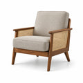Poltrona in legno e rattan con tessuto beige
