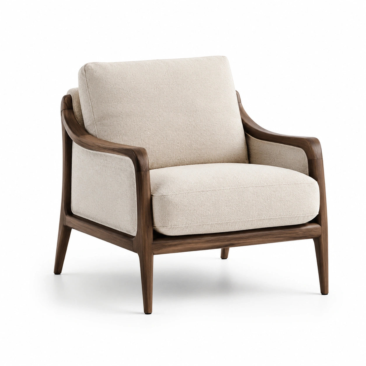 Poltrona beige in tessuto con struttura in legno