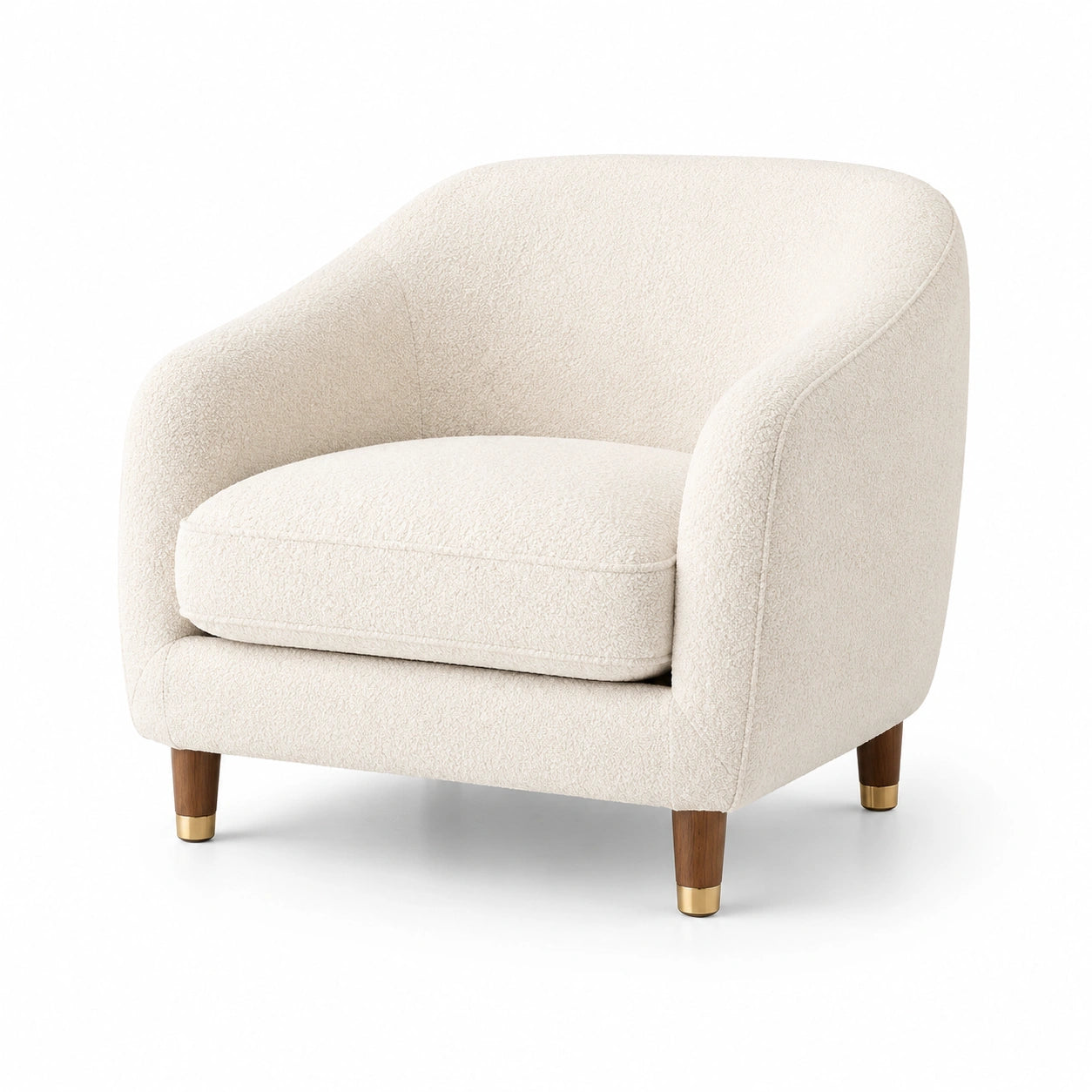 Poltrona in tessuto bouclé avorio con gambe in legno