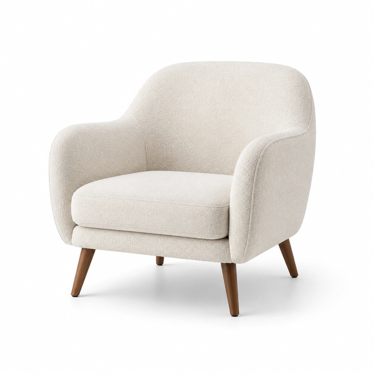 Poltrona in tessuto bouclé beige con gambe in legno