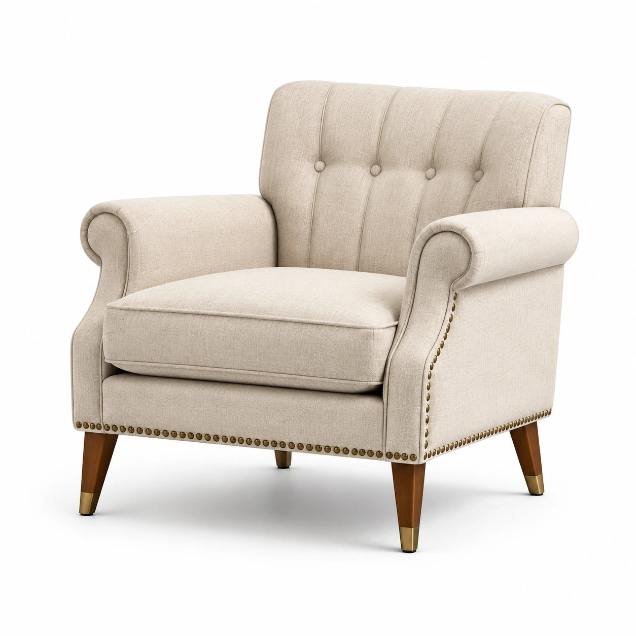 Poltrona in Tessuto Beige con Dettagli in Metallo