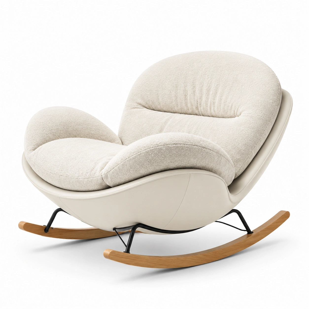 Poltrona a dondolo in tessuto bouclé beige con base in legno