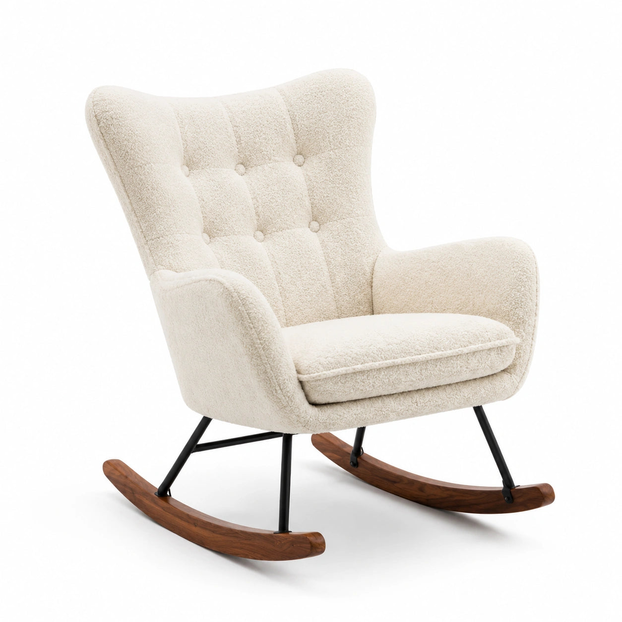 Sedia a dondolo in tessuto bouclé beige con base in legno e metallo